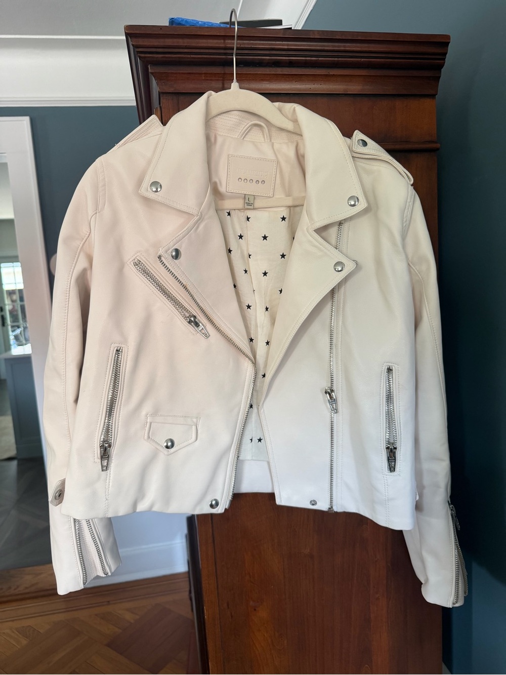 Women's Cream Leather Moto Jacket with Star-Lined Interior